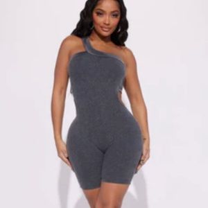 Black grey ribbed stretch, one shoulder romper, shorts, backless halter sexy XL